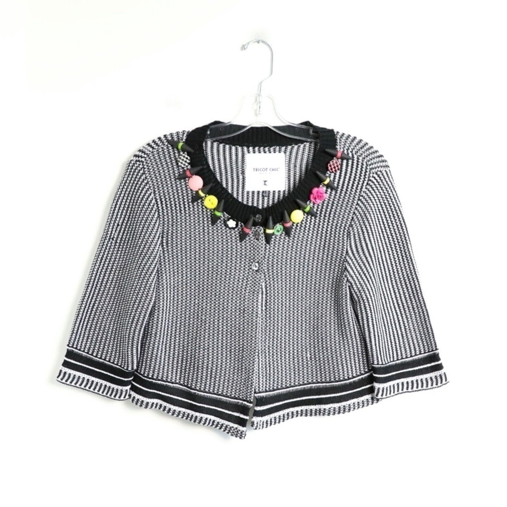 Tricot Chic art to wear knit cropped cardigan embellished collar made in Italy